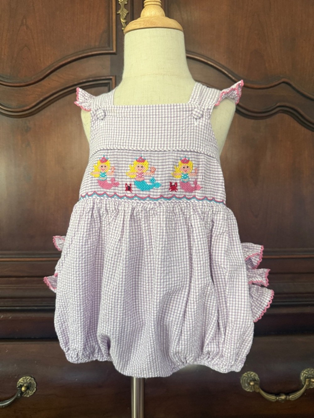 Classic Whimsy Mermaid Smocked Romper 2T Lavendar Gingham Ruffle Boutique